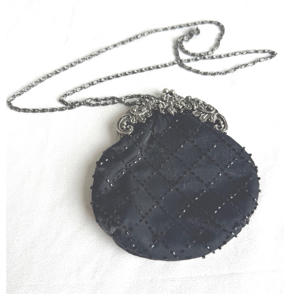 Jessica McClintock Black Beaded Satin Evening Bag Ornate Silver Frame Goth VTG